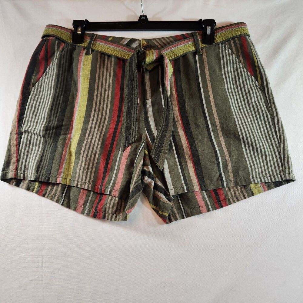 Liz Claiborne Shorts Womens Size 14 Colorful Olive Green Stripes Belted NWT